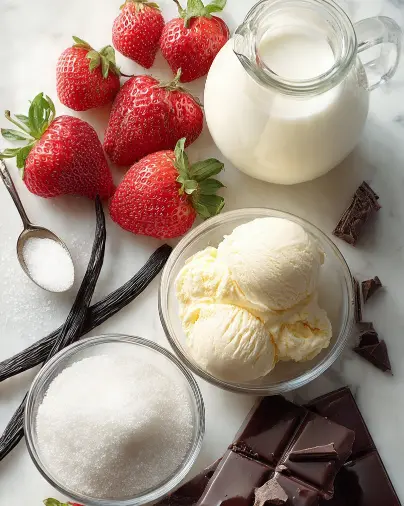 Ingredienti per gelato fatto in casa: fragole fresche, panna, zucchero, bacche di vaniglia, cioccolato fondente e gelato alla vaniglia
