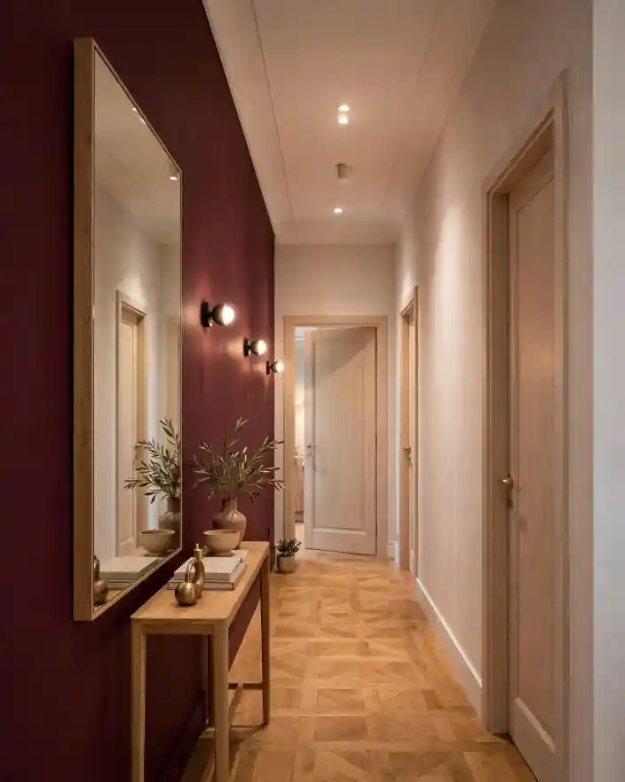 Ingresso moderno con parete bordeaux Ingresso moderno con parete bordeaux, consolle in legno e illuminazione a parete, esempio di uso del bordeaux nei corridoi.