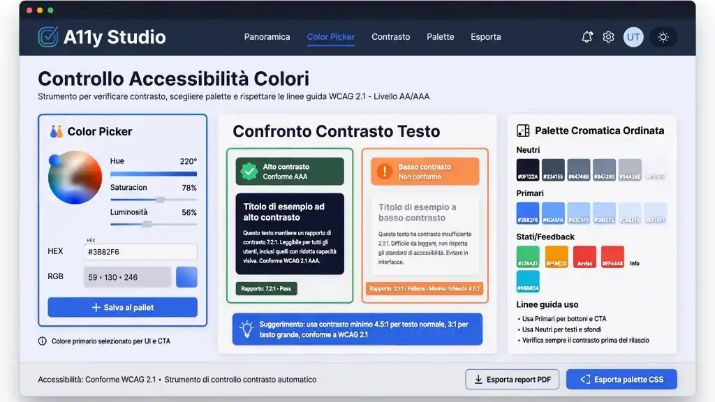 Interfaccia A11y Studio controllo contrasto colori Interfaccia software A11y Studio per controllo accessibilità colori, contrasto WCAG 2.1 e palette cromatica.