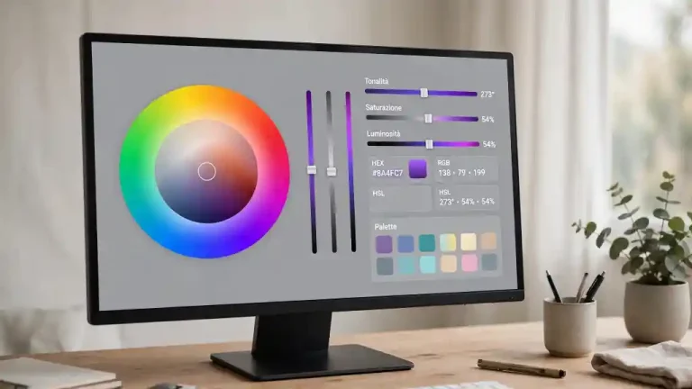 Monitor con interfaccia Color Picker, ruota dei colori, cursori HSL e valori HEX, RGB e palette