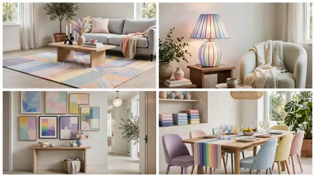 Interni moderni con palette pastello rainbow decor Collage di interni moderni con palette pastello e dettagli arcobaleno in soggiorno, angolo lettura, ingresso e sala da pranzo.