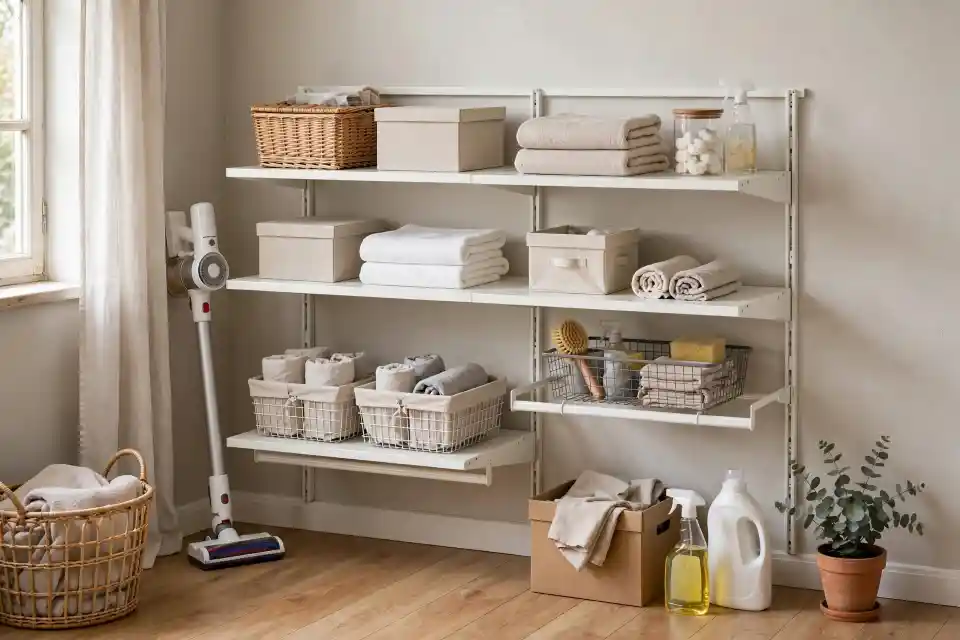 Lavanderia organizzata con mensole IKEA e cestini salvaspazio Ripostiglio lavanderia con mensole bianche IKEA, cestini in vimini, asciugamani piegati, contenitori in filo metallico e aspirapolvere appoggiato a terra, illuminato da luce naturale.