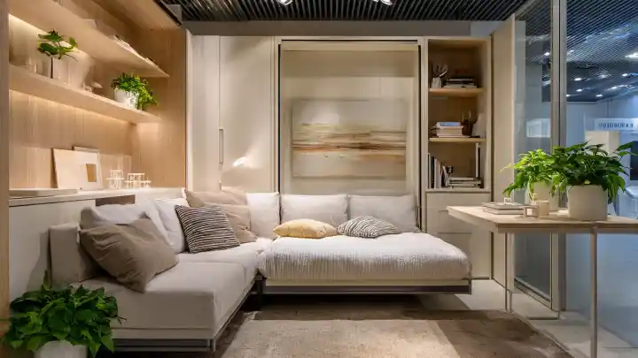 Parete attrezzata con letto a scomparsa e divano angolare per soggiorno e camera in un unico ambiente Letto a scomparsa verticale integrato in una parete attrezzata con divano angolare, mensole in legno e quadro decorativo che lo nasconde da chiuso