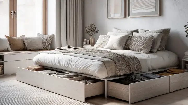 Letto con cassettoni estraibili che sfruttano lo spazio sotto il materasso Letto matrimoniale con base a cassettoni estraibili aperti, pieni di coperte e abiti piegati, in camera da letto chiara