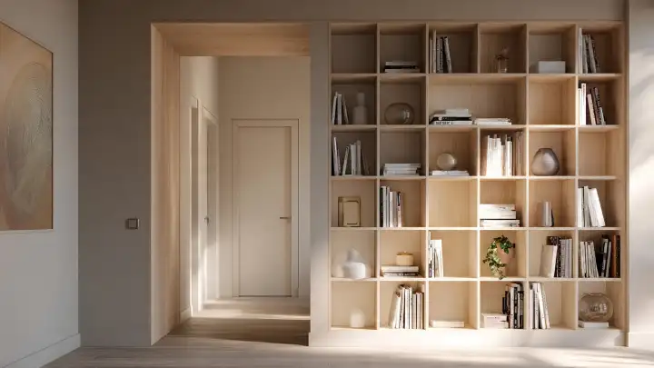 Libreria modulare a giorno che riveste la parete accanto al vano porta Libreria a griglia in legno chiaro con moduli quadrati pieni di libri e oggetti decorativi, accanto a un corridoio con porta