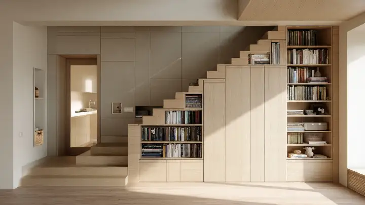 Scala con libreria integrata e mobili a scomparsa sotto i gradini Scala in legno chiaro con libreria a scaletta integrata sotto i gradini e libreria a tutta altezza a fianco