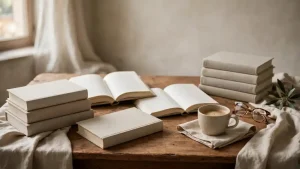 Libri con copertine in tessuto beige aperti e impilati su un tavolo di legno rustico, accanto a una tazza di caffè, un paio di occhiali e teli di lino chiaro