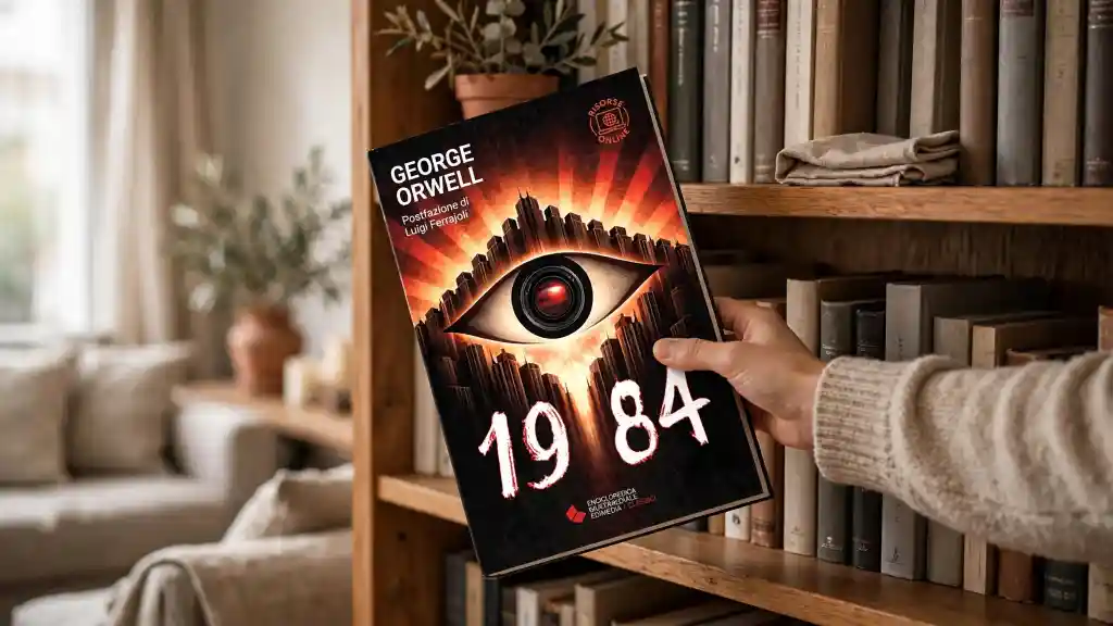 1984 di George Orwell tra i libri da leggere assolutamente nella vita Mano che estrae dalla libreria il libro 1984 di George Orwell, copertina con un occhio meccanico rosso su uno skyline di grattacieli stilizzati