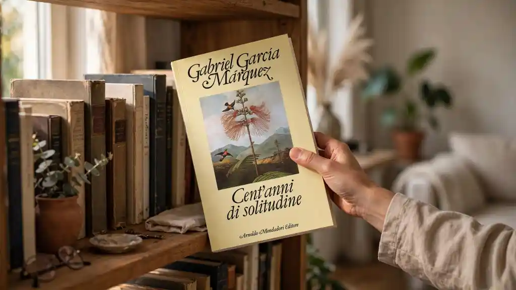 Cent'anni di solitudine di García Márquez tra i libri da leggere assolutamente nella vita Mano che estrae dalla libreria il libro Cent'anni di solitudine di Gabriel García Márquez, copertina color avorio con illustrazione botanica di colibrì e fiori tropicali