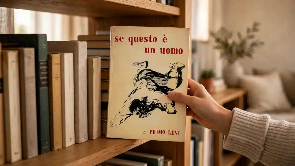 Se questo è un uomo di Primo Levi tra i libri da leggere assolutamente nella vita Mano che estrae dalla libreria il libro Se questo è un uomo di Primo Levi, copertina color avorio con illustrazione in stile grafico di due figure sdraiate