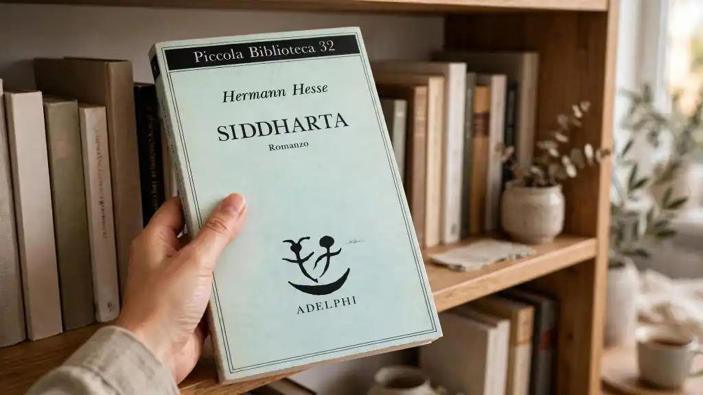 Siddharta di Hermann Hesse tra i libri da leggere assolutamente nella vita Mano che estrae dalla libreria il libro Siddharta di Hermann Hesse, edizione Adelphi con copertina color celeste chiaro e logo della casa editrice