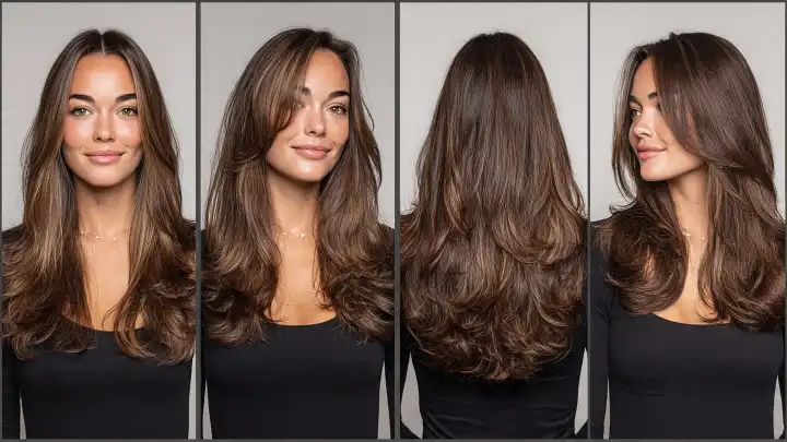 Love Layers: taglio scalato lunghi balayage Capelli lunghi castano con balayage e scalatura morbida, viste frontale, laterale e posteriore, taglio scalato Love Layers