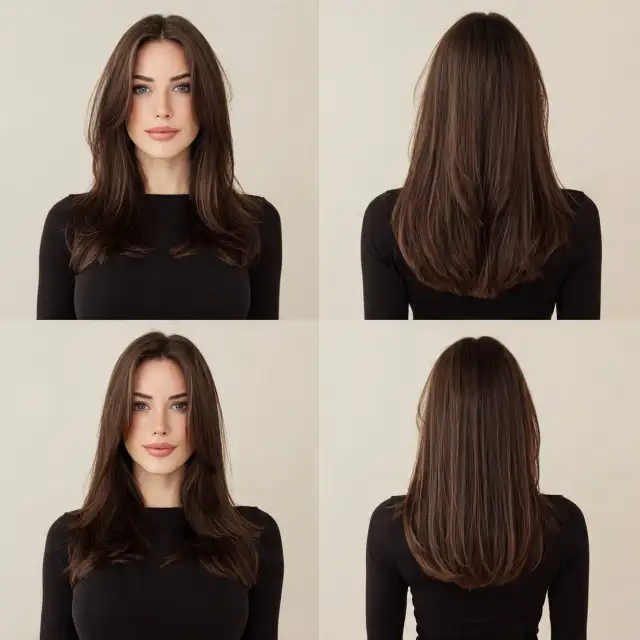 Love Layers: taglio scalato lunghi liscio Capelli lunghi castano scuro lisci con scalatura sulle punte, viste frontale e posteriore, taglio scalato Love Layers