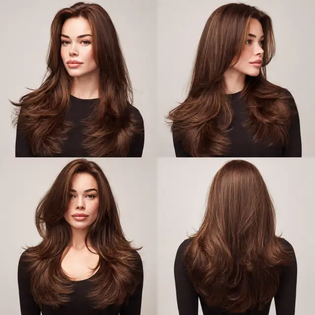 Love Layers: taglio scalato lunghi mogano Capelli lunghi castano mogano con scalatura voluminosa e punte mosse, viste frontale, laterale e posteriore, taglio scalato Love Layers