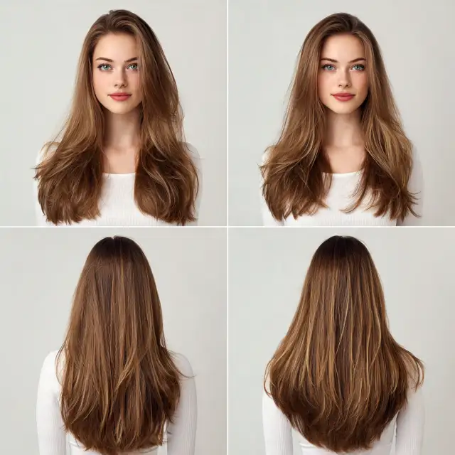 Love Layers: taglio scalato lunghi nocciola Capelli lunghi castano nocciola con scalatura leggera e riflessi caldi, viste frontale e posteriore, taglio scalato Love Layers