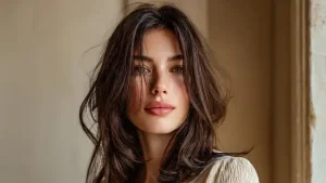 Ritratto ravvicinato di donna con capelli lunghi castano scuro scalati e movimento arruffato, taglio scalato Love Layers, luce naturale