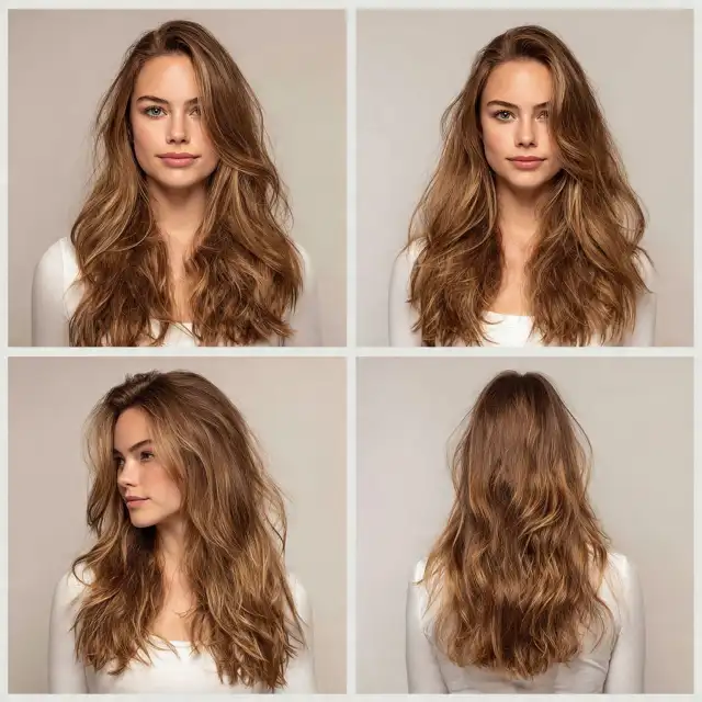 Love Layers: taglio scalato lunghi mosso Capelli lunghi castano chiaro mossi con scalatura texturizzata e riflessi dorati, viste frontale, laterale e posteriore, taglio scalato Love Layers