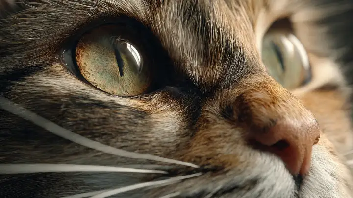 La profondità dello sguardo felino Primo piano macro dell'occhio verde e dei baffi di un gatto tigrato