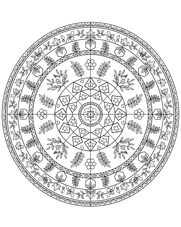 Mandala da colorare dettagliato per bambini Mandala da colorare con motivi geometrici e floreali disposti in cerchi concentrici