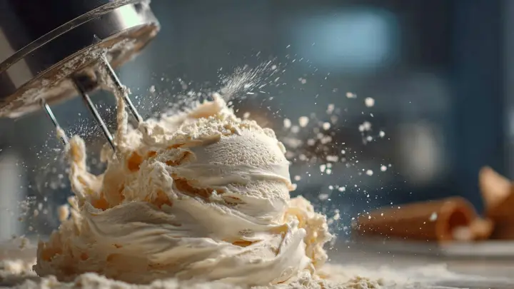 Gelatiera che monta gelato fatto in casa cremoso, dettaglio delle fruste in azione