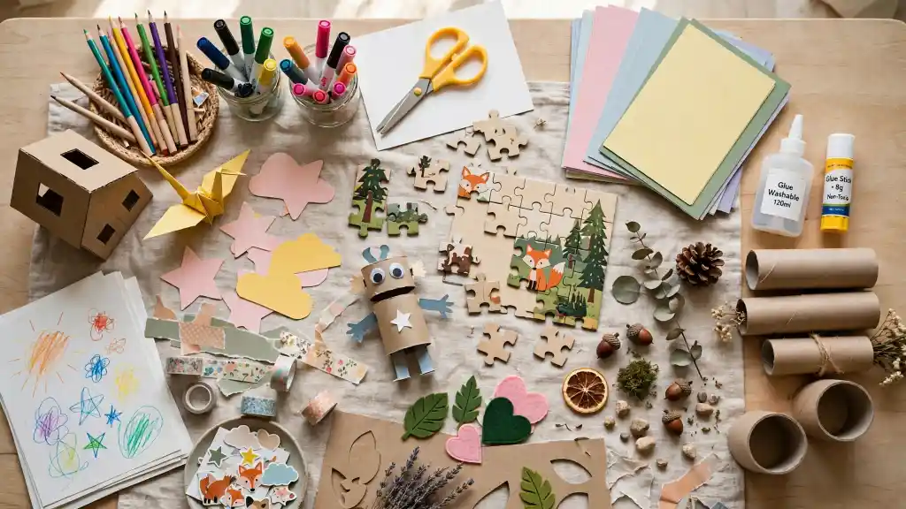 Materiali creativi per attività anti‑noia bambini Materiali creativi per bambini: colori, carta, forbici, colla, elementi naturali e lavoretti manuali su tavolo da attività.