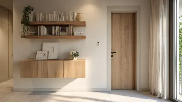 Mensole in legno e madia sospesa che sfruttano la parete libera d'ingresso Due mensole in legno massello con libri e piante sopra una madia sospesa in legno chiaro, su parete bianca vicino alla porta