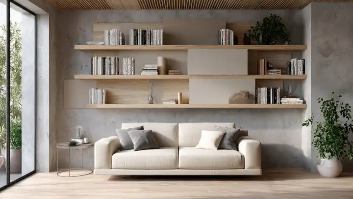Mensole sospese a incastro sopra il divano trasformate in libreria continua Mensole in legno sfalsate sopra un divano beige, con libri, piante e volumi decorativi su parete in cemento