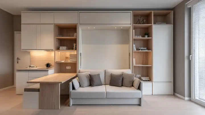 Parete attrezzata multifunzionale con letto a scomparsa e tavolo estraibile per monolocale Monolocale con parete attrezzata a tutta altezza che integra letto a scomparsa chiuso, divano, libreria e tavolo estraibile collegato alla cucina