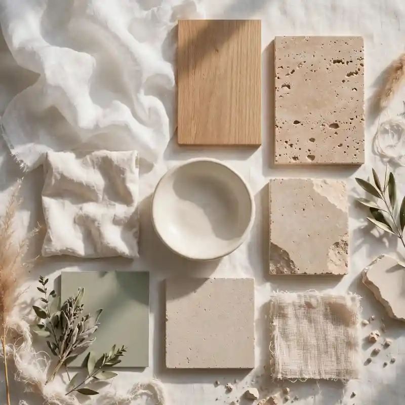 Moodboard Cloud Dancer con materiali naturali e toni eterei Moodboard in palette Cloud Dancer con campioni materici in toni neutri, legno chiaro, ceramiche e tessuti naturali.