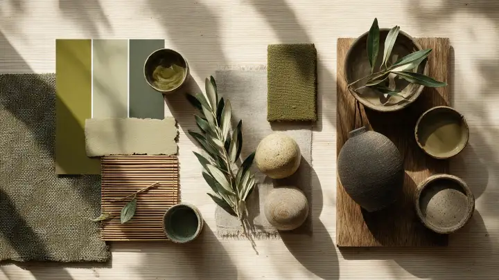 Moodboard verde oliva tessuti ceramiche ulivo Moodboard verde oliva con campioni tessuto, tavolozza colori, rametti d'ulivo e ceramiche artigianali su fondo legno chiaro
