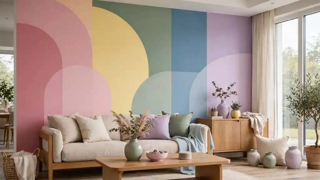 Murale geometrico arcobaleno rainbow decor 2026 Muro con murale geometrico arcobaleno in tonalità pastello e arredi in legno chiaro, esempio di rainbow decor moderno.