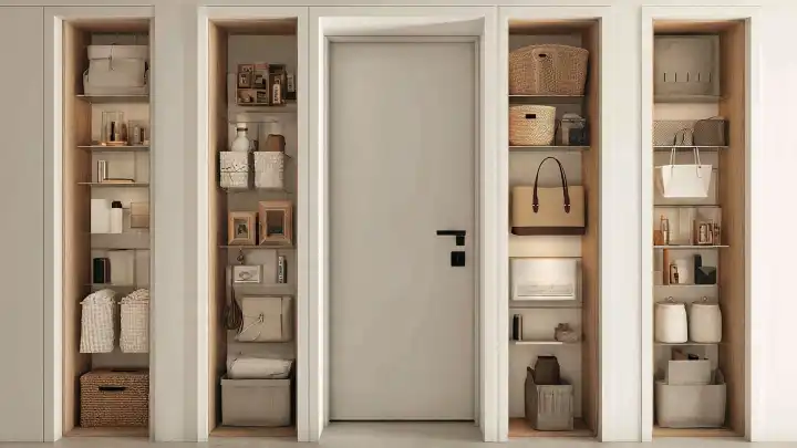 Nicchie a muro attorno alla porta trasformate in mensole contenitore Nicchie strette ai lati di una porta con mensole in legno che contengono ceste, borse, cornici e vasi decorativi
