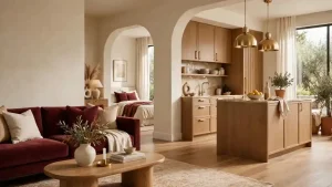 Open space moderno con divano bordeaux, cucina in legno chiaro e camera da letto con dettagli bordeaux coordinati.