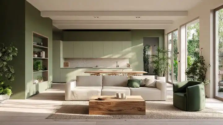 Open space moderno con arredi nei toni del verde salvia e legno. Ampio open space moderno con pareti verde salvia, un grande divano beige, una poltrona verde scuro, tavolino in legno massello e cucina a vista sullo sfondo.