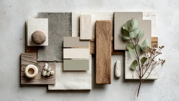 Moodboard colore sabbia tessuti legno naturale Moodboard interior design colore sabbia con campioni tessuto grigio e beige, legno naturale, pietre e rami di eucalipto