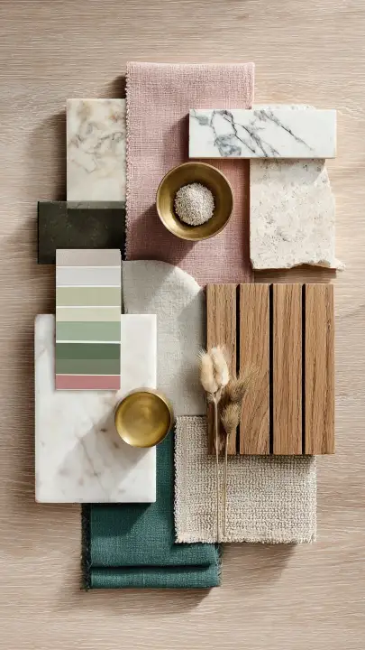 Moodboard marmo tessuti verde smeraldo legno Moodboard interior design con campioni marmo bianco e verde, tessuti rosa e verde smeraldo, legno listellare e palette colori tenui