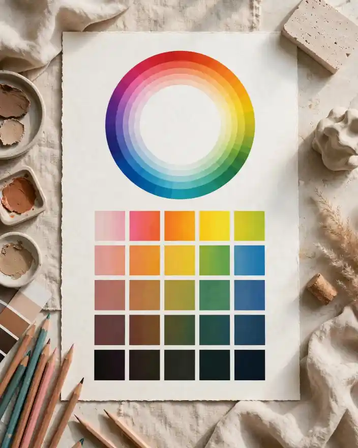 Palette colori con ruota cromatica Palette colori con ruota cromatica e campioni in diverse tonalità, utile per confrontare formati colore digitali.