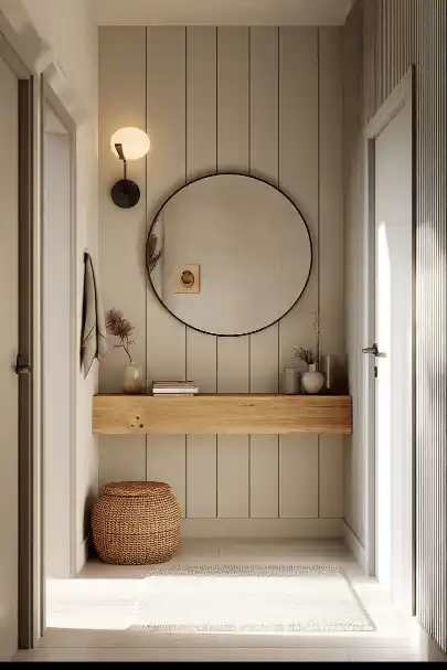 Pannelli decorativi boiserie per parete ingresso con specchio Ingresso con parete a pannelli decorativi boiserie tortora, specchio tondo e mensola in legno