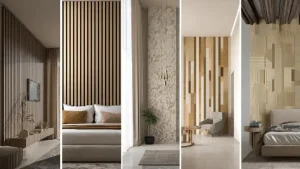 Collage di pareti moderne con pannelli decorativi in legno, oro e mosaico per soggiorno e camera da letto