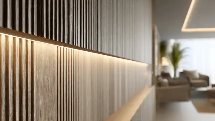 Dettaglio pannelli decorativi a listelli con illuminazione LED integrata Dettaglio ravvicinato di parete a doppia fascia di pannelli decorativi a listelli con striscia LED integrata