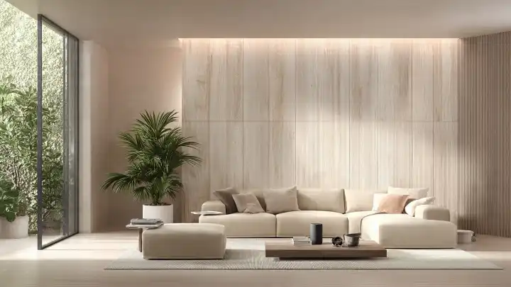 Pannelli decorativi effetto marmo per parete soggiorno luminoso Soggiorno luminoso con parete rivestita in pannelli decorativi effetto marmo chiaro e divano beige ad angolo