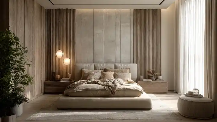 Pannelli decorativi legno e marmo per parete camera da letto Camera da letto con testata su parete in pannelli decorativi misti legno e marmo chiaro