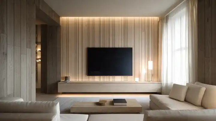 Pannelli decorativi listelli legno chiaro per parete TV soggiorno Soggiorno con parete TV in pannelli decorativi a listelli di legno chiaro e illuminazione soffusa