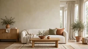 Soggiorno con parete beige tortora effetto spatolato, divano boucle bianco e cuscini verde oliva e terracotta
