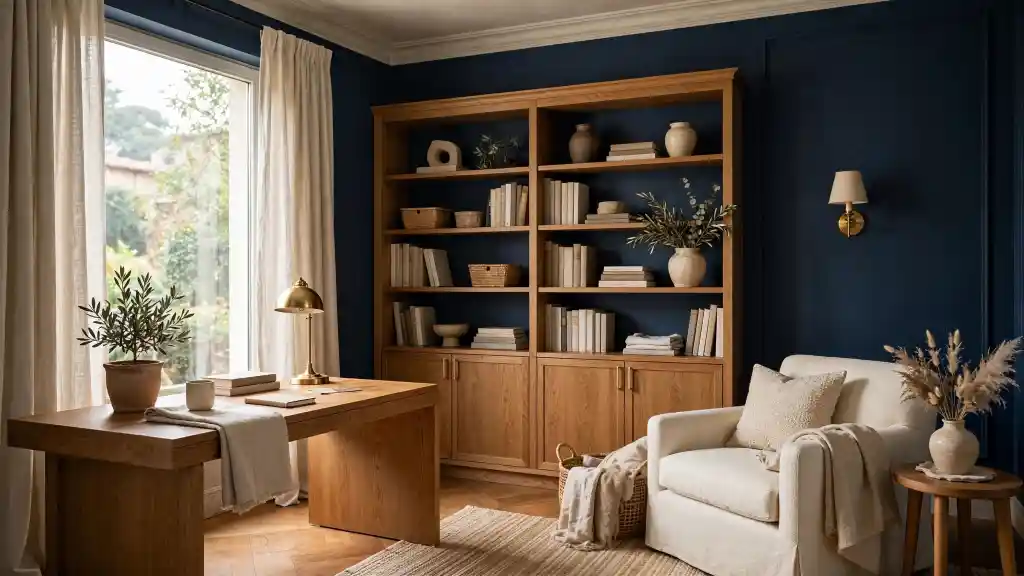 Blu navy: il colore parete drammatico che nel 2026 sfida il grigio Studio con pareti blu navy, libreria in legno chiaro e poltrona bianca con dettagli in ottone