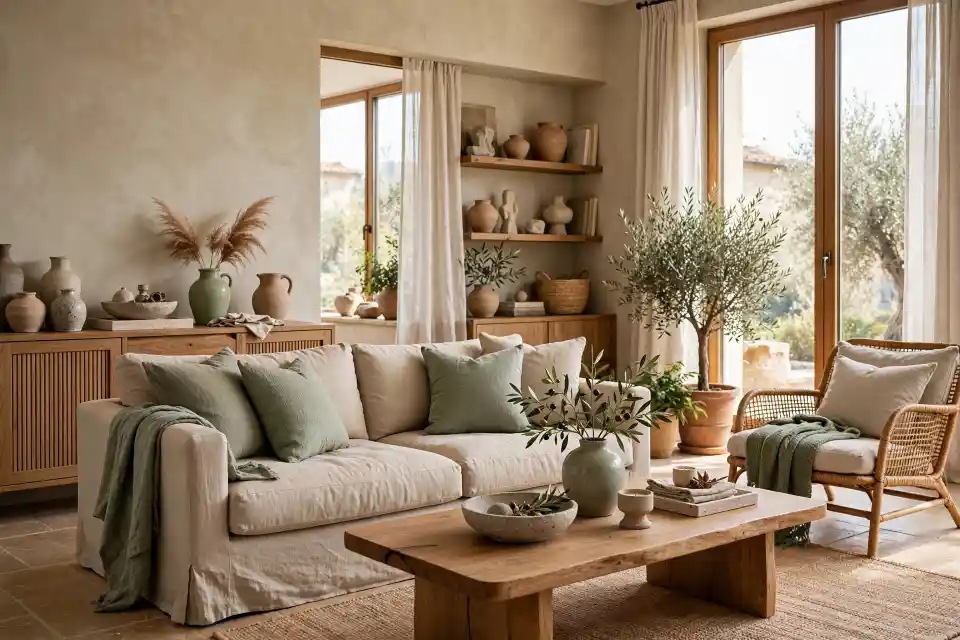 Sabbia e verde salvia: la combinazione parete-tessuti che nel 2026 batte il grigio Soggiorno mediterraneo con pareti in intonaco color sabbia, divano in lino beige e cuscini verde salvia