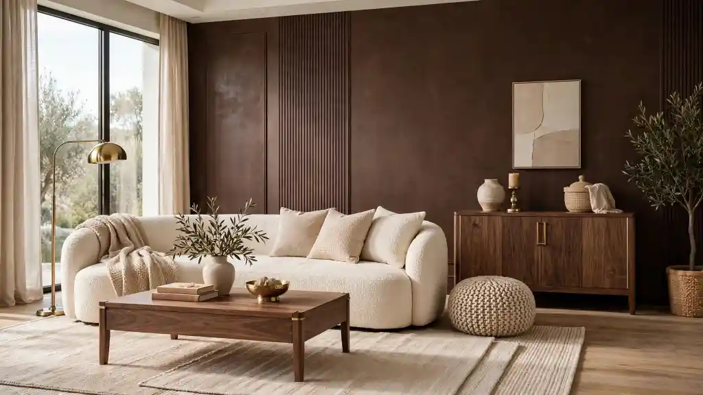 Marrone cioccolato: la boiserie scura che nel 2026 spodesta il grigio Soggiorno elegante con parete marrone cioccolato a boiserie scanalata, divano boucle bianco e arredi in legno scuro