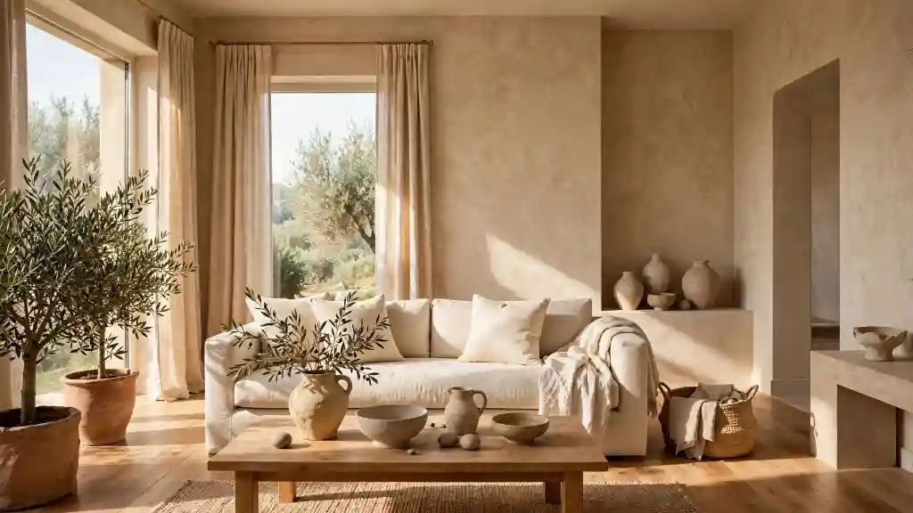 Terracotta chiara e luce naturale: il colore parete mediterraneo che conquista il 2026 Soggiorno luminoso con pareti color terracotta chiara, divano bianco e ulivi in vaso illuminati dalla luce naturale