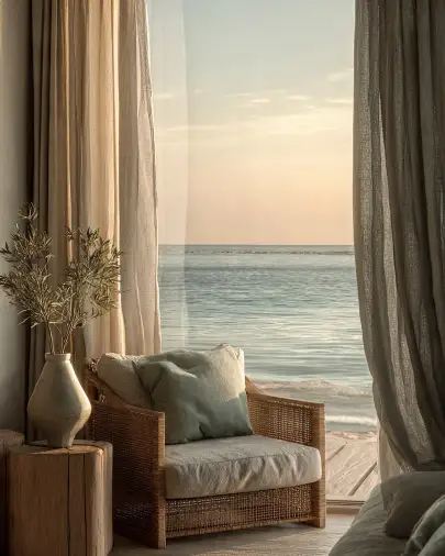 Poltrona vista mare al tramonto con tende in lino Poltrona in rattan con cuscino verde salvia davanti a una finestra con tende di lino e vista sul mare al tramonto