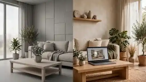 Prima e dopo: come un software di progettazione trasforma il soggiorno Programma per arredare casa gratis Confronto prima e dopo di un soggiorno: a sinistra ambiente spoglio dai toni freddi, a destra la stessa stanza arredata calda con laptop che mostra il progetto realizzato con un software online